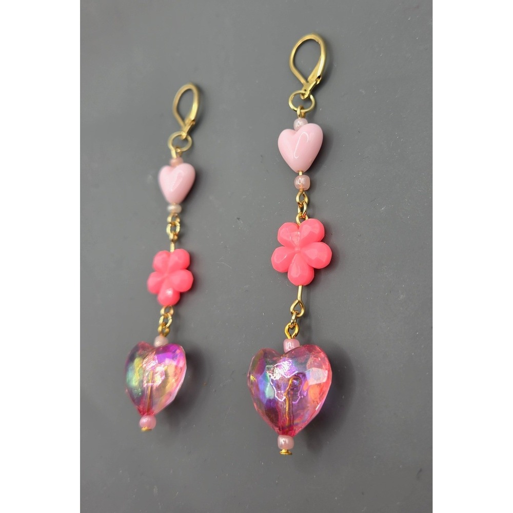 Handmade Earrings Gold Tone Pink Floral Heart Drop Dangle Leverback Kidcore - Picture 8 of 8